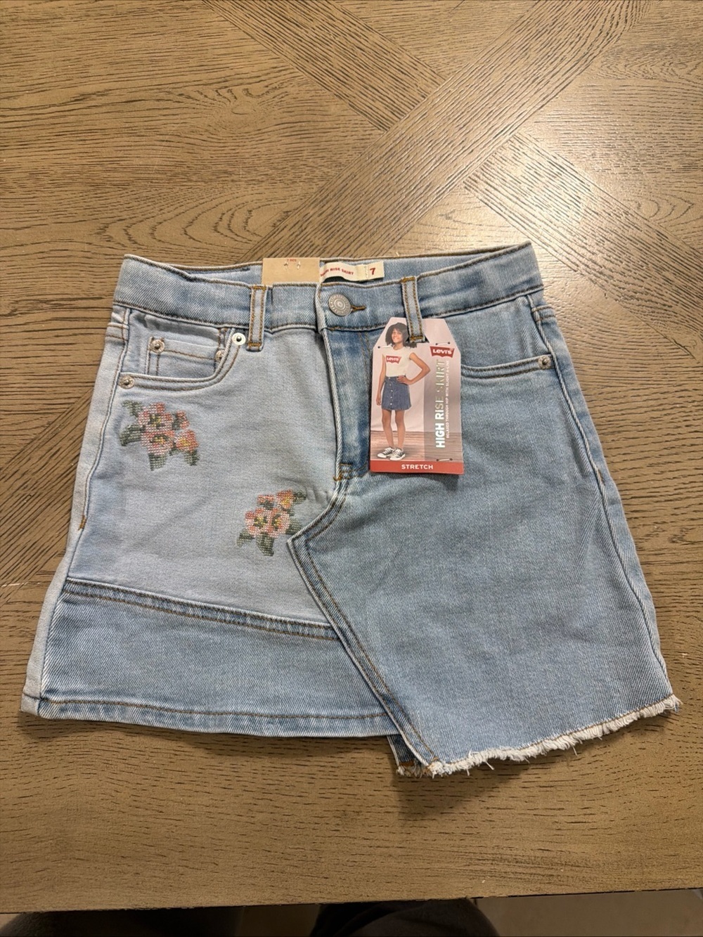 Levi's Girls Floral Embroidered Stretch Denim Skirt Asymmetrical Light Wash 7